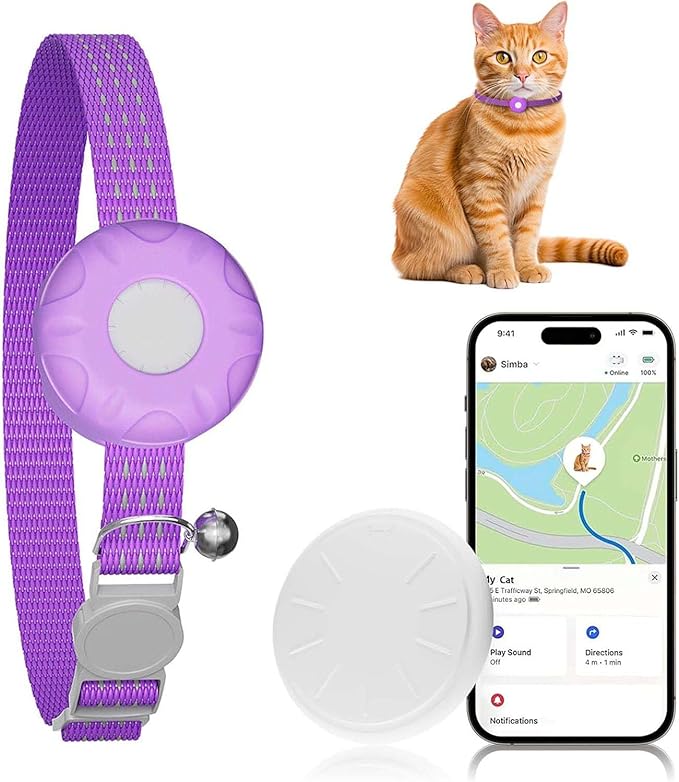 GPS Tracker for Cats, Cat Tracker, Cat GPS Tracker Compatible with Apple Find My App (Only iOS), No Monthly Fee or Subscription (White Tracker, Purple Cat Collar)