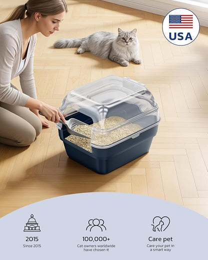 Large Cat Litter Box with Transparent Lid, Foldable Hooded Litter Box with Front Door Flap for Privacy, Easy Clean Non-Sticky Litter Box with Intelligent Deodorizing, (21.6" L x 17.8" W x 17.3" H)