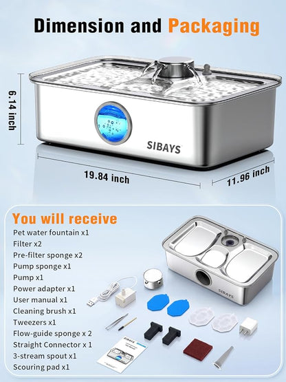 SIBAYS 4.5Gal/17L Dog Water Fountain, Large Capacity Stainless Steel Pet Water Fountain with Water Level LED Light, Ultra Quiet Dog Water Bowl Dispenser for Large Dogs & Multi-Pet, Easy to Clean FS83