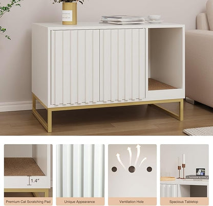 Halitaa Litter Box Enclosure, Modern Cat Litter Box Furniture Hidden Litter Box with Scratch Pad, Cat Washroom House End Table, Entryway Bench for Livingroom (White)