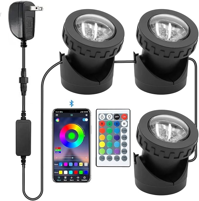 Colored Pond Lights with Timer, APP Control RGB Fountain Light IP68 Waterproof, Dimmable Outdoor Landscape Lights for Fish Tank Pond Fountain Garden (3 Lights)