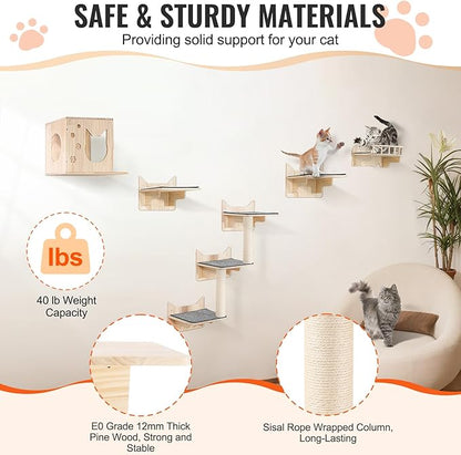 VEVOR Wall Mounted Cat Shelves and Perches with Jumping Boards, Nest, Barrier Board & Tree, Floating Furniture up to 40 lbs for Sleeping, Playing, Climbing, Set of 5