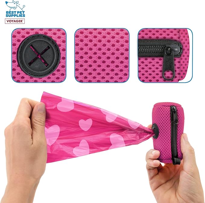 Best Pet Supplies Dog Poop Bag Holder Leash Attachment with 15 Bags, Fuchsia, Reusable Mesh Dispenser Pouch for Travel, Walking, Park, and Outdoor Use, Soft and Durable with Clip-On (Pack of 3)