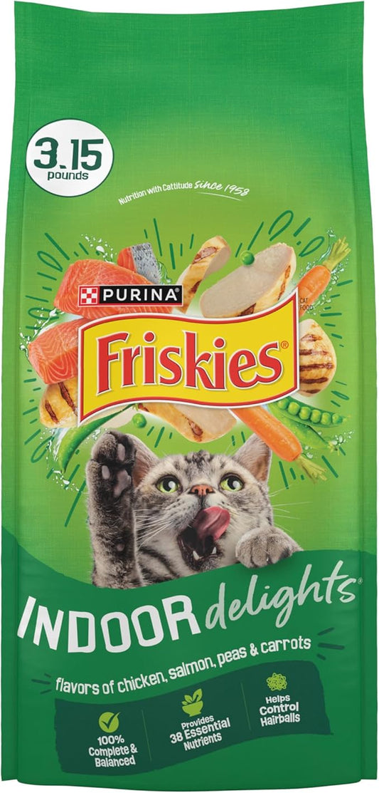 Purina Friskies Dry Cat Food Indoor Delights Flavors of Chicken, Salmon, Peas, and Carrots - (Pack of 4) 3.15 lb. Bags
