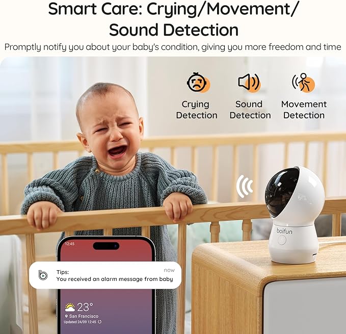 BOIFUN AI Baby Monitor with Camera and Audio, Safety Alerts (Tummy Sleeping & Face Area), WiFi Smartphone APP Control, Colorful Night Light, 2K HD Night Vision, Motion & Cry Detection, Two-Way Talk