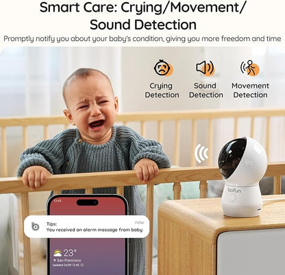 BOIFUN AI Baby Monitor with Camera and Audio, Safety Alerts (Tummy Sleeping & Face Area), WiFi Smartphone APP Control, Colorful Night Light, 2K HD Night Vision, Motion & Cry Detection, Two-Way Talk