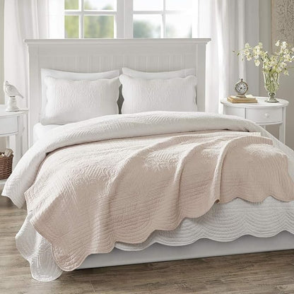 Madison Park Luxe Quilted Throw Blanket - Damask Stitching Design, Cotton Filled Spread, Ultra Soft, Cozy Bedding for Living Room Couch, Sofa, Bed, 60x72", Scalloped Borders Blush