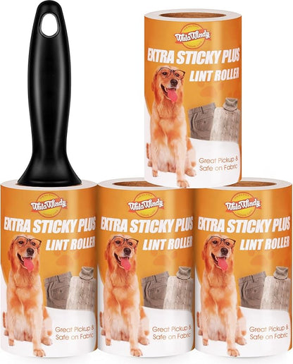 WulaWindy Extra Sticky Lint Rollers for Pet Hair, 240 Sheets, 4-Pack | Extra-sticky lint roller with 240 easy-tear sheets and reusable handle for pet hair, lint and dust on clothes and furniture.