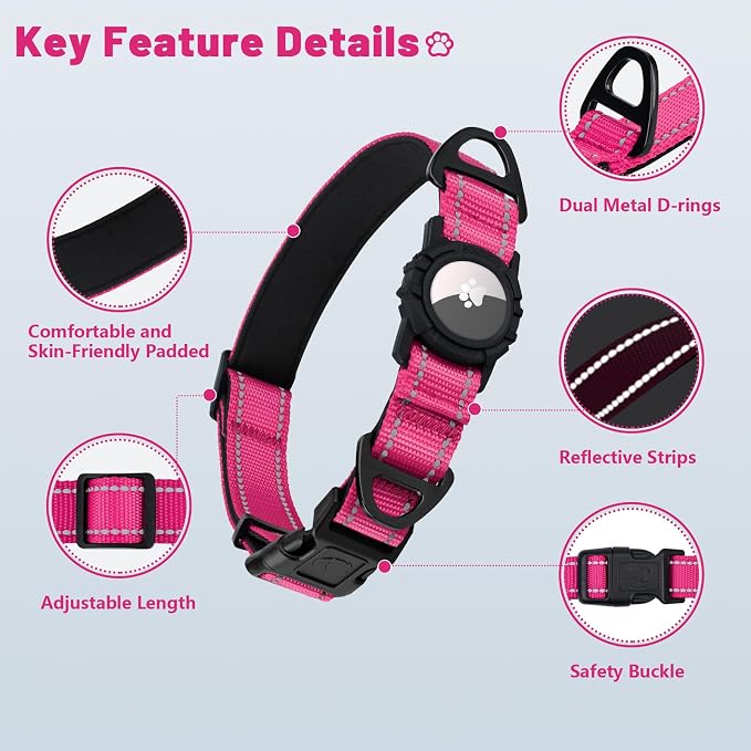 Taglory AirTag Dog Collar with Waterproof Holder for Small Dogs, Hot Pink S | Reflective for Night Walks & Low-Light Safety, Track Your Pup Peace of Mind, Adjustable Soft Padded, No More Dangling Tags