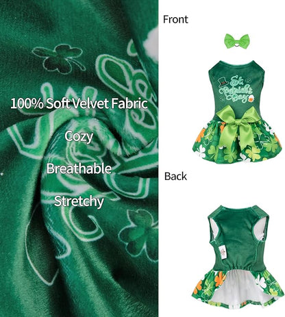 CuteBone St.Patrick's Day Dog Green Dress Velvet for Small Dogs Girl Puppy Dresses Clover Dog Clothes CVA13S-D