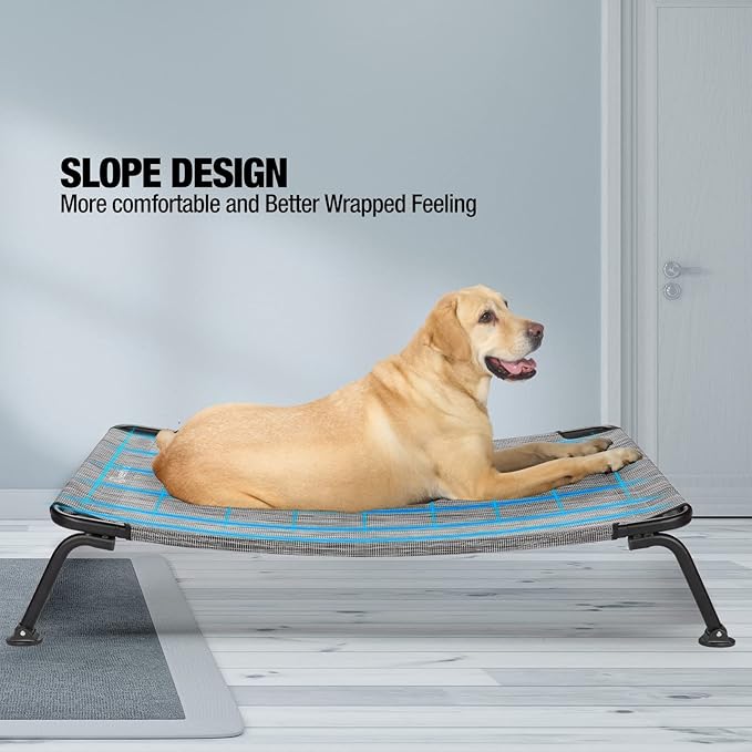 Veehoo Outdoor Elevated Dog Bed, Cooling Raised Dog Cots Beds for Medium Dogs, Portable Waterproof Curved Dogs Hammock Bed for Outside, up to 100lbs, Black Legs, Black Silver 32"