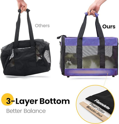 Conlun Cat Carrier Airline Approved, Soft-Sided Dog Carrier with Inner Safety Leash, Pet Transport Carrier for Small-Medium Cats Puppies up to 15 Lbs, Collapsible Travel Kitten Carrier Bag -Purple M
