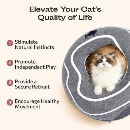 Meowfia Scratch-Resistant Felt Cat Cave – Donut Tunnel Bed Enclosure for Indoor Cats – Multi-Cat Hideaway in Cute Patterns (Light Grey)