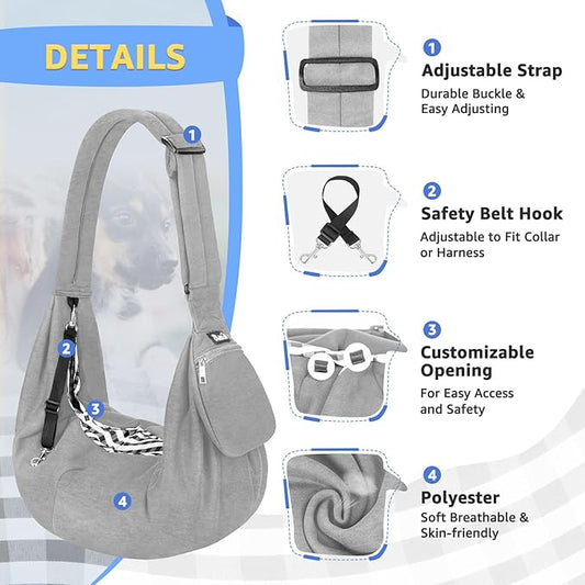 SlowTon Dog Carrier Sling - Thick Padded Shoulder Strap Adjustable Dog Carriers for Small Dogs, Puppy Carrier Purse for Pet Cat with Front Zipper Pocket Safety Belt Machine Washable (Light Gray, M)
