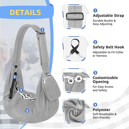 SlowTon Dog Carrier Sling - Thick Padded Shoulder Strap Adjustable Dog Carriers for Small Dogs, Puppy Carrier Purse for Pet Cat with Front Zipper Pocket Safety Belt Machine Washable (GY, L)