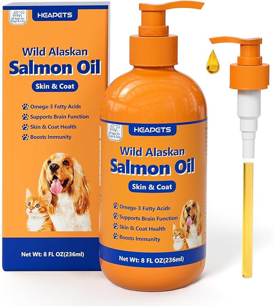 Wild Alaskan Salmon Oil for Dogs & Cats, Fish Oil Omega 3 Supplements with EPA & DHA for Skin & Coat, Immune, Brain, Joint and Heart Health, Dog & Cat Fish Oil Supplements with Pump- 8 oz