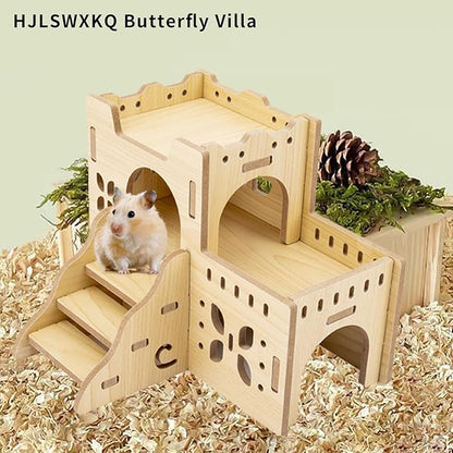 Natural Wood Hamster Habitat Hideout Cage Accessories, Maze Cabin with Fun Slide & Double-Decker House, Exercise Toys for Dwarf Hamsters, Gerbils, Mice, Other Small Animals(Only for Small Hamster A)