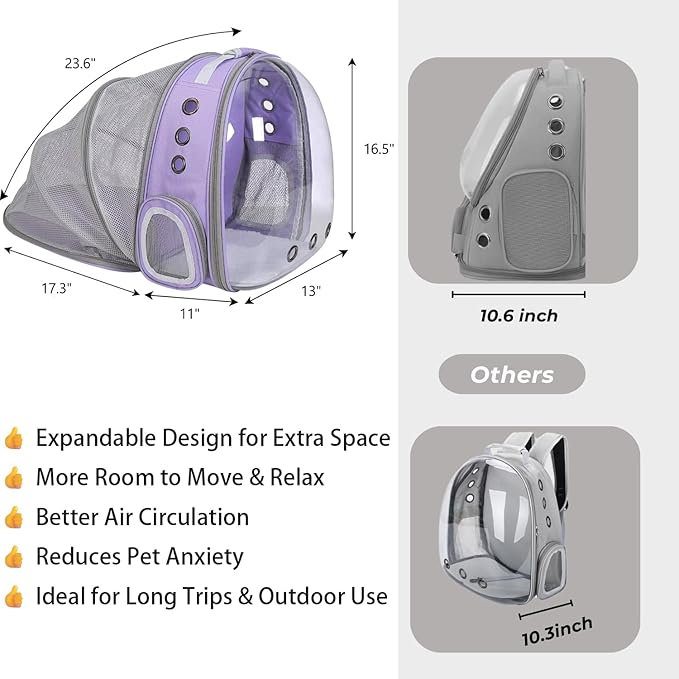 Pet Carrier Backpack Expandable for Cats and Small Dogs, Breathable Anti-Collapse Design, Airline Approved Travel Backpack for Hiking and Outdoor Use (Back Expandable-Purple)