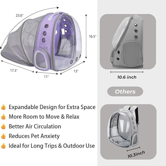 Pet Carrier Backpack Expandable for Cats and Small Dogs, Breathable Anti-Collapse Design, Airline Approved Travel Backpack for Hiking and Outdoor Use (Back Expandable-Purple)