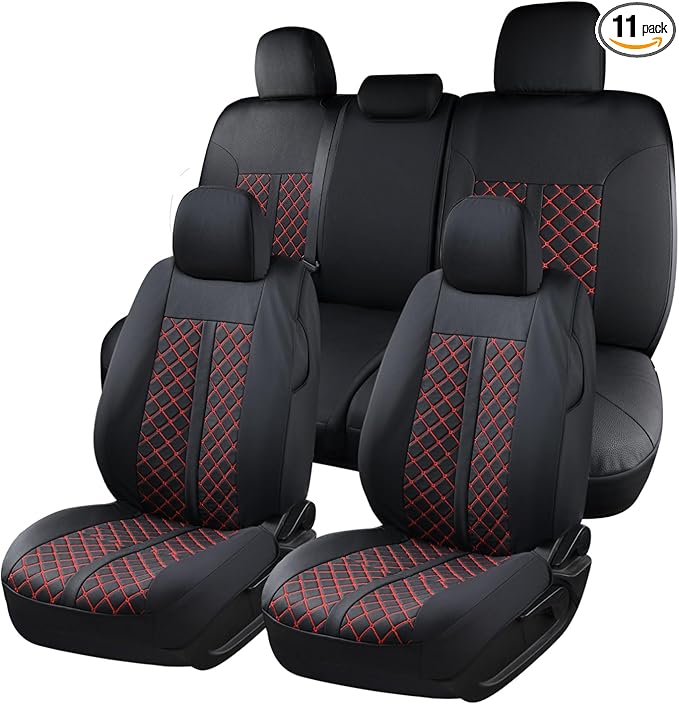 Truckiipa Tacoma Truck Seat Covers Full Set Leather Waterproof Seat Covers Fit for 2005-2015 Toyota Tacoma Double Crew Cab, Full Set, Black&Red