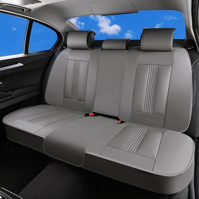 Huidasource Gray Back Seat Covers, Nappa Leather Rear Seat Covers with Ventilation Holes, Velcro Adjustable, Compatible with Armrests, Seat Belts, Child Safety Seats, for Most Cars SUV Trucks, Gray