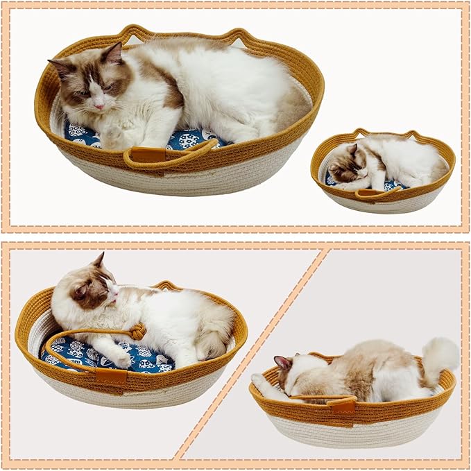 Pet Beds for Cats, Cat Beds for Indoor Cats 19.69"×13.78"×6.30",Cotton Rope Oval Cat Bed for All Seasons (with Cooler Straw Mat and Cotton Mat Both), Suitable for Cats＆Dogs (Brown, Small)