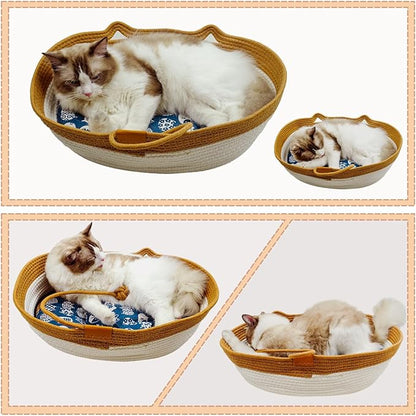 Pet Beds for Cats, Cat Beds for Indoor Cats 19.69"×13.78"×6.30",Cotton Rope Oval Cat Bed for All Seasons (with Cooler Straw Mat and Cotton Mat Both), Suitable for Cats＆Dogs (Brown, Small)