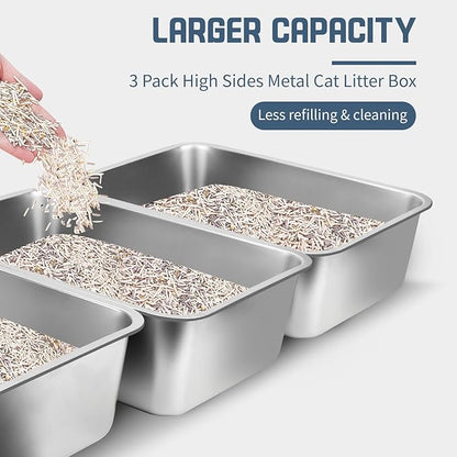 3 Pack Stainless Steel Litter Box, 27.6"x19.7"x8" XXXL Metal High Sided Cat Litter Pan, Extra Large Stainless Steel Box Splash-Proof and Non-Stick Cat Poop Box Odorless