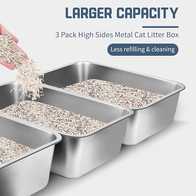Stainless Steel Litter Box, 3 Pack 27.6"x19.7"x5.9" XXXL Metal High Sided Cat Litter Pan, Extra Large Stainless Steel Box Splash-Proof and Non-Stick Cat Poop Box odorless