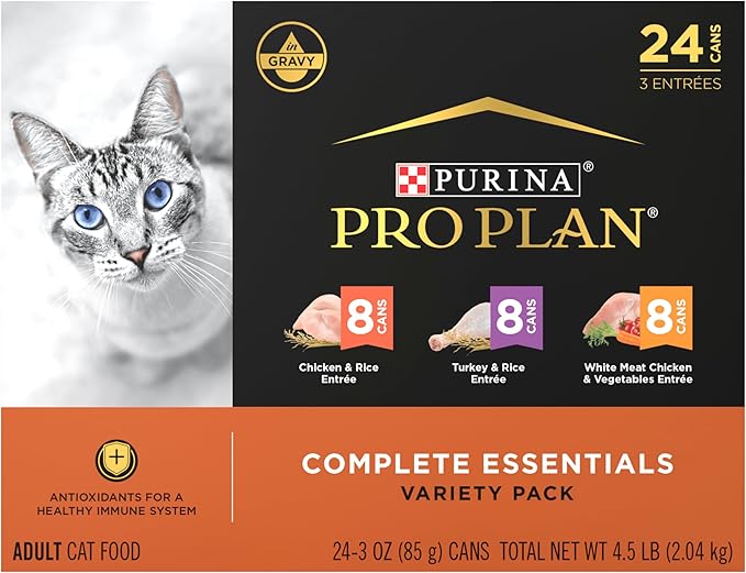 Purina Pro Plan Gravy,High Protein Wet Cat Food Variety Pack,Complete Essentials Chicken and Turkey Favorites - 3 oz. Cans,(Pack of 48)