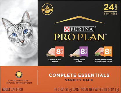Purina Pro Plan Gravy,High Protein Wet Cat Food Variety Pack,Complete Essentials Chicken and Turkey Favorites - 3 oz. Cans,(Pack of 48)