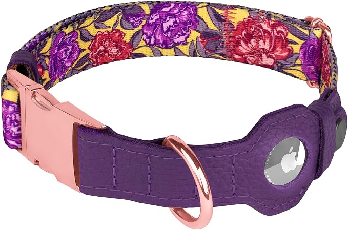 AirTag Dog Collar for Small Medium Large Breed - Adjustable Cute Pattern Dog Collar with Airtag Holder - Soft Leather Tracker GPS Apple Air Tag Pet Collars (Large, 17"-21" Neck Fit, Peonies)