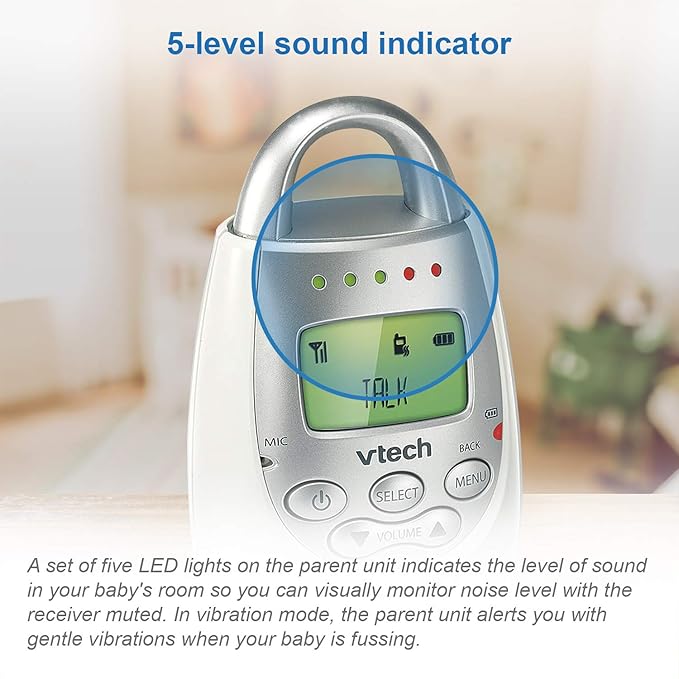 VTech Communications DM221 Audio Baby Monitor with up to 1,000 ft of Range, Vibrating Sound-Alert, Talk Back Intercom & Night Light Loop, White/Silver