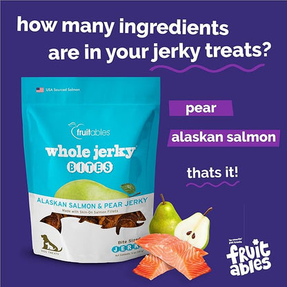 Fruitables Whole Jerky Bites, Healthy Dog Treats, Puppy Essentials, Jerky Dog Treats, Made in the USA, No Artificial Ingredients, Alaskan Salmon & Pear Flavor, 5oz