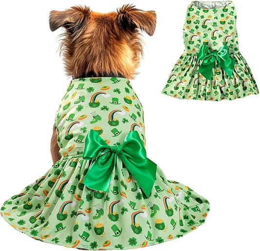 St. Patrick's Day Dog Costume Dress S, Green Shamrock and Horseshoe Print with Satin Bow, Pet Outfit for 6-7 lbs Dogs and Cats, Festive Holiday Apparel