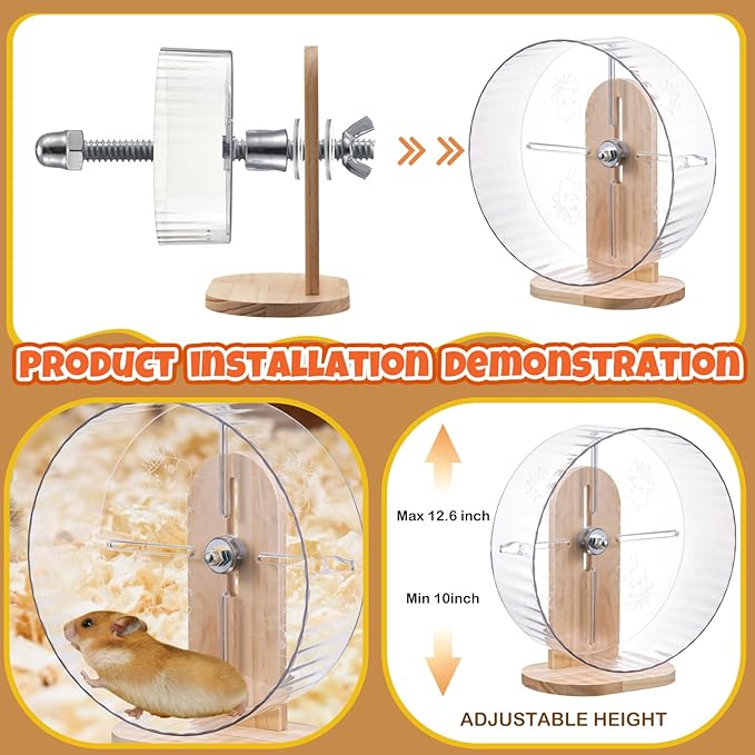 18 Pcs Hamster Cage Accessories, Silent Hamster Wheel, Chew Toys Set, Maze Wood House and Water Bottle Set for Rat Mice Small Animals Habitat (Natural Log Style)