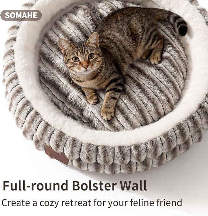 Cat Bed, Round Plush Faux Fur Donut Cuddler – Machine Washable Calming Cat Bed for Indoor Cats & Kittens, Removable Cushion Non-Slip Fluffy Kitten Bed, Cozy Small Cat Nest, 20" Inch Coffee