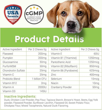 Dog Vitamins and Supplements - 150 Dog Multivitamin Chewable - Immune, Joint Support, Skin, Gut Health + Packed with Omega 3s, Glucosamine & Probiotics - Safe for Puppy - Duck