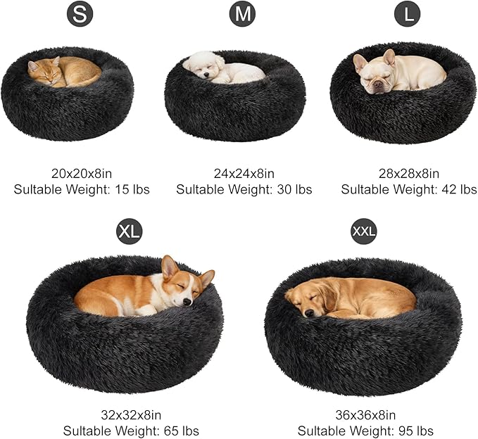 Dog Calming Beds for Medium Large Dogs - Round Donut Washable Puppy Dog Bed, Anti-Slip Faux Fur Fluffy Donut Cuddle Anxiety Cat Pet Bed(36" Black