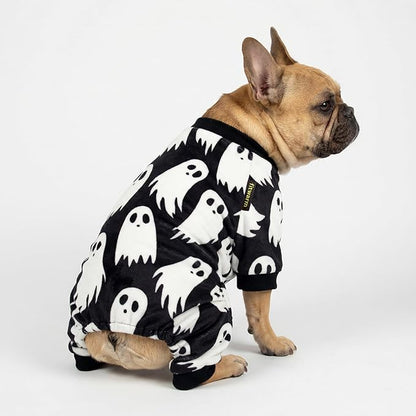 Fitwarm Halloween Ghost Dog Pajamas, Funny Halloween Costumes for Dogs, Fleece Dog Onesie with Feet, Doggy Clothes for Small Dogs Boy Girl, Pet Apparel, Black, White, XL