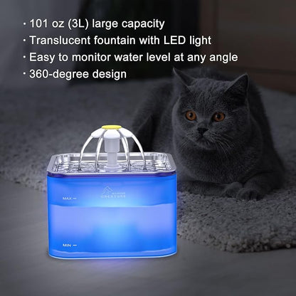 Wonder Creature Crystal Cat Water Fountain Stainless Steel Lid, 101oz/3L | Pet Fountain with Transparent Base, Quiet Pump, LED Indicator Light, Triple Filtration, 3 Flow Modes for Cats and Dogs