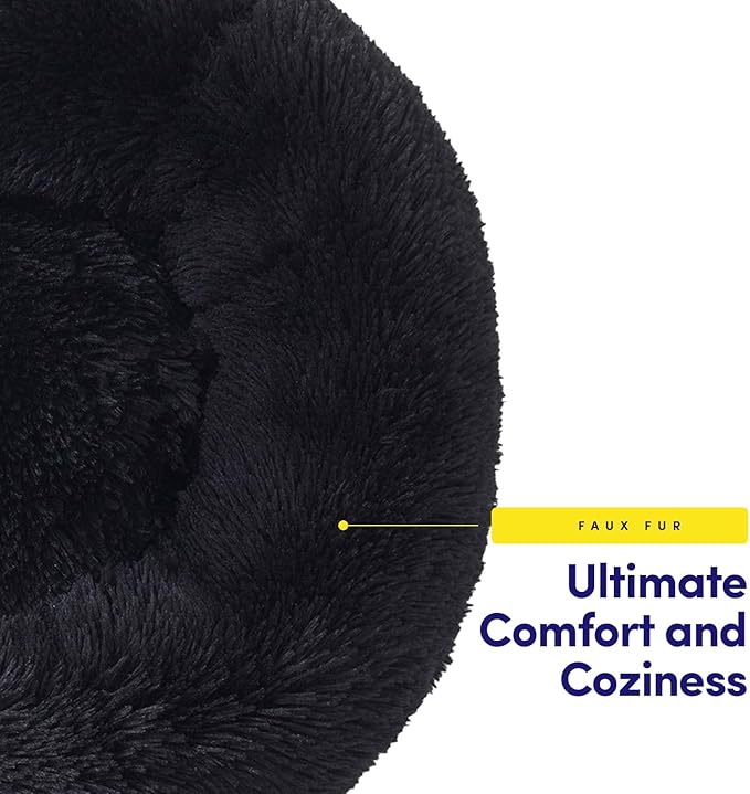 Dog & Cat Bed: Round Faux Fur Pet Bed - Plush, Cozy, & Calming Donut Bed for Medium Pets - Soft & Comfortable Sleeping Cushion for Napping & Lounging, 23" Round, Black