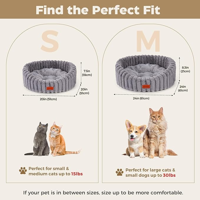 Avont Fluffy Cat Bed for Indoor Cats, Cozy Plush Sleeping Nest for All Sleep Styles, Washable Removable Cushion & Anti-Slip Base, Calming Round Bed for Kittens & Small Dogs – Grey(S)