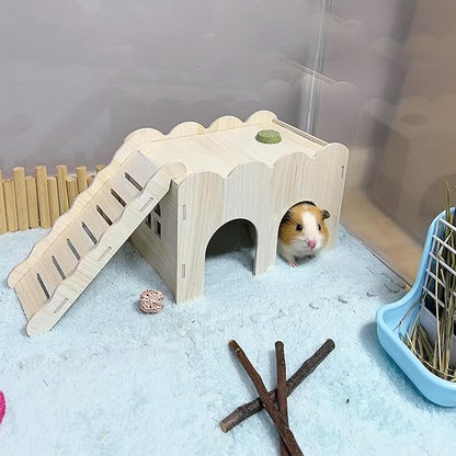 2 PCS Large Wooden Syrian Hamster Hideout Multi-Chamber Tunnel Set Hamster House Hiding Maze Platform Stuff Exploring Toy Cage Accessories for Guinea Pig Rat Mice Hedgehog Squirrel Chinchilla