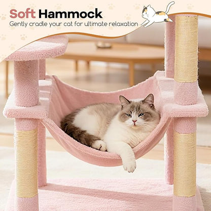 DORTALA 75" Tall Modern Cat Tree, Multi-Level Cat Tower with Large Condos, Sisal Scratching Posts, Top Perch, Hammock, Dangling Balls, Kitten Beds & Climbing Furniture for Indoor Cats (Pink)