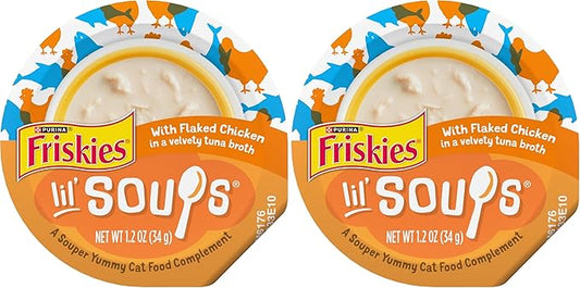 Friskies Purina Natural,Grain Free Wet Cat Food Lickable Cat Treats,Lil' Soups Flaked Chicken - 1.2 oz. Tubs,(Pack of 16)