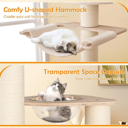 PETSITE 69 Inch Tall Wood Cat Tree, Multi-Level Modern Cat Tower with 5.7 inch Scratching Posts, Double Cat Condos, Space Capsule, Hammock, Large Wooden Cat Tree Tower for Indoor Cats, Natural