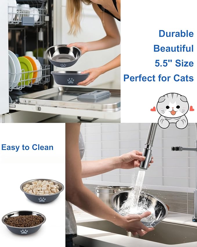 Stainless Steel Cat Bowl Set - Whisker Friendly Wide Shallow Cat Food Bowls, Non-Slip Cat Dishes, 6-Pack Cats Food & Water Bowls for Multi-Cat Homes, Indoor & Outdoor Use