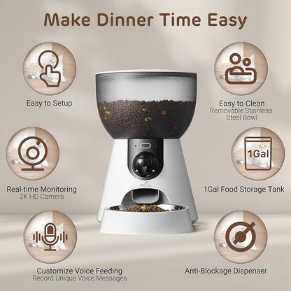 iPettie F4-C Smart Automatic Pet Feeder with 160° Wide-Angle Camera, 5G WiFi Connectivity, 2K HD, Motion & Sound Detection, 2-Way Voice Interaction, Night Vision, Stainless Steel Food Dispenser