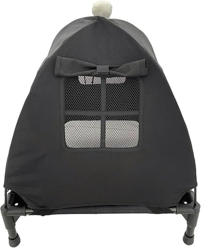 Pozico Elevated Pet Bed with Breathable Mesh for Small Cat and Dog, Raised Cooling Pet Cot for Puppy and Kitty, 18.9x18.9 inch (Black Bed with Canopy)